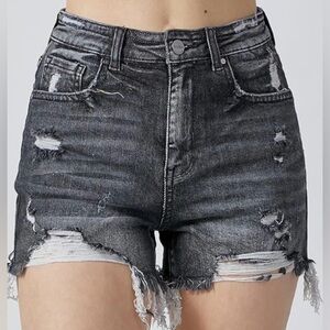 NWT Risen Charcoal Distressed High Waisted Denim Jean Shorts Medium 6/8 Stretch